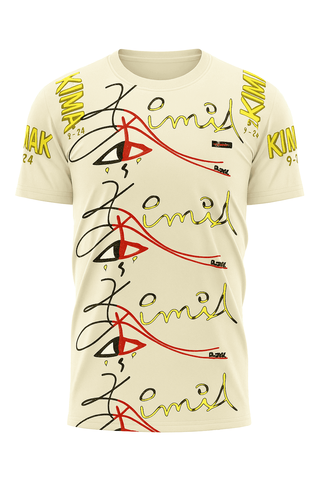 Eye of KIMIA Cream Tee featuring bold spiritual script graphics in black, red, and yellow on premium cotton. Limited edition luxury streetwear shirt.