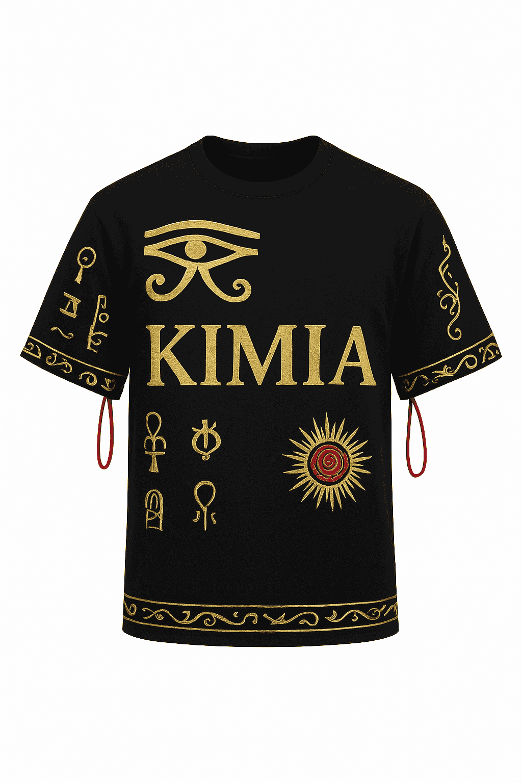 Golden Ascension Tee by KIMIA in black with gold Egyptian-inspired symbols and bold logo, premium streetwear for luxury fashion lovers.